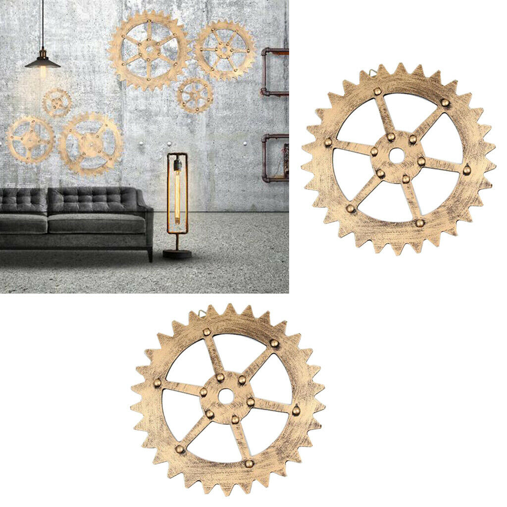 2Pcs Golden Wheel Gear Wall Signs Wooden Art Wall Hanging Home Decor Diameter