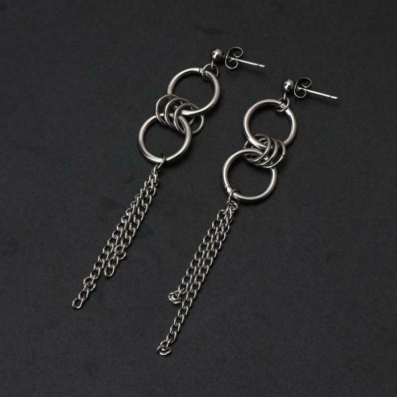 Korean Long Tassel Stainless Steel Cricle Drop Earrings Fashion Jewelry Unisex