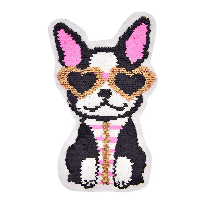 dog wearing heart glasses reversible change color sequins sew on patche.l8