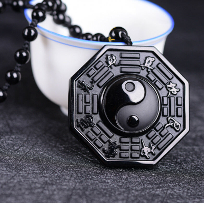 China Natural Black Obsidian Hand-Carved BaGua Lucky Amulet Pattern Pendant