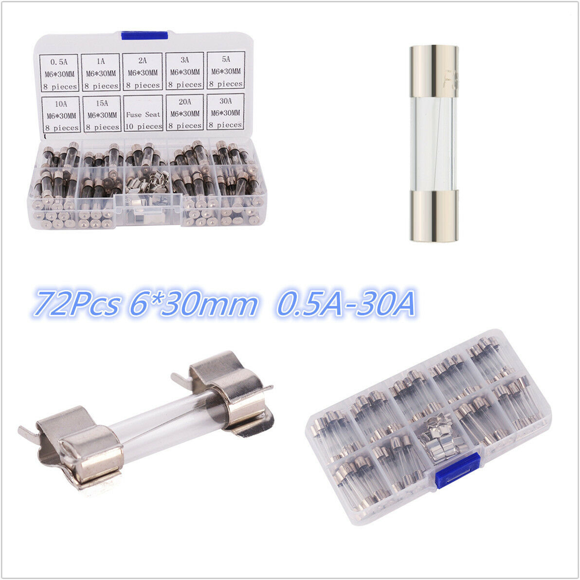 72pc Glass Tube Fuse Car Truck Electrical Assorted Kit+10pc Fuse Holder 0.5A-30A