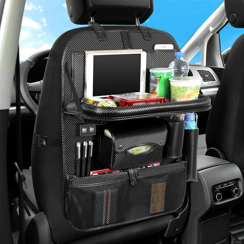 Car Seat Storage Bag PU Leather Multi Pocket w/ 4 USB Charging Port Dining Table