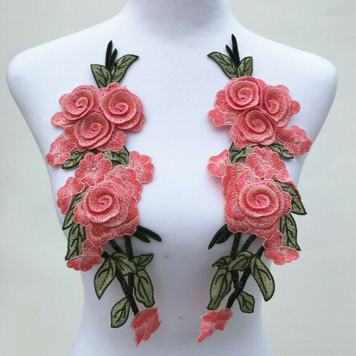 2 Pairs Rose Flower Embroidery Sew On Patch Cloth Floral Collar Garment Applique
