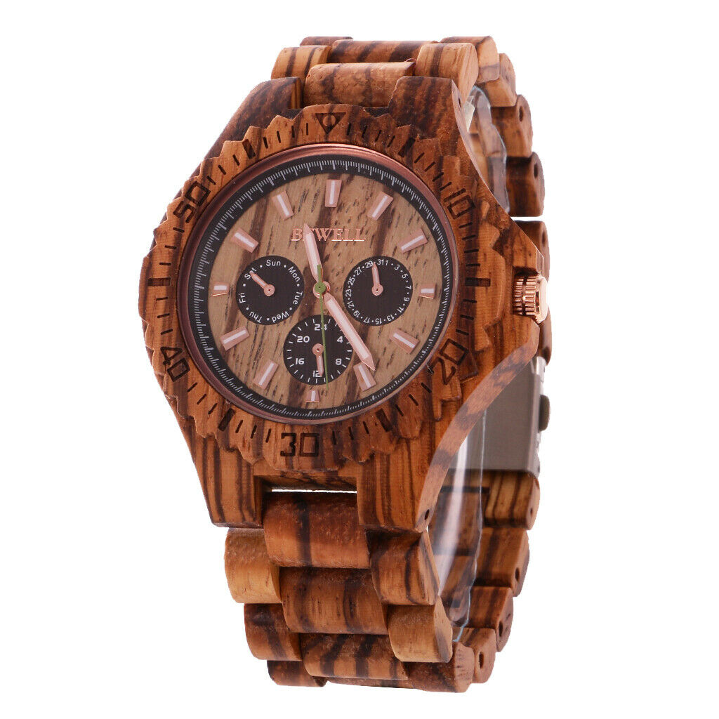 Mens Quartz Watch with Date Day Luminous Hands Lightweight Wooden Wristwatch