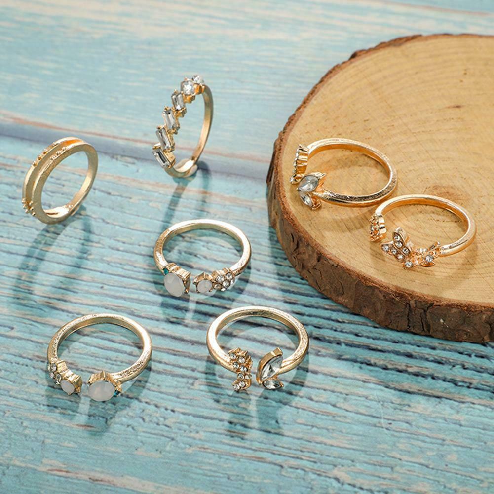 7pcs/set Rhinestone Butterfly Flower Ring Women Open Knuckle Rings Jewelry @