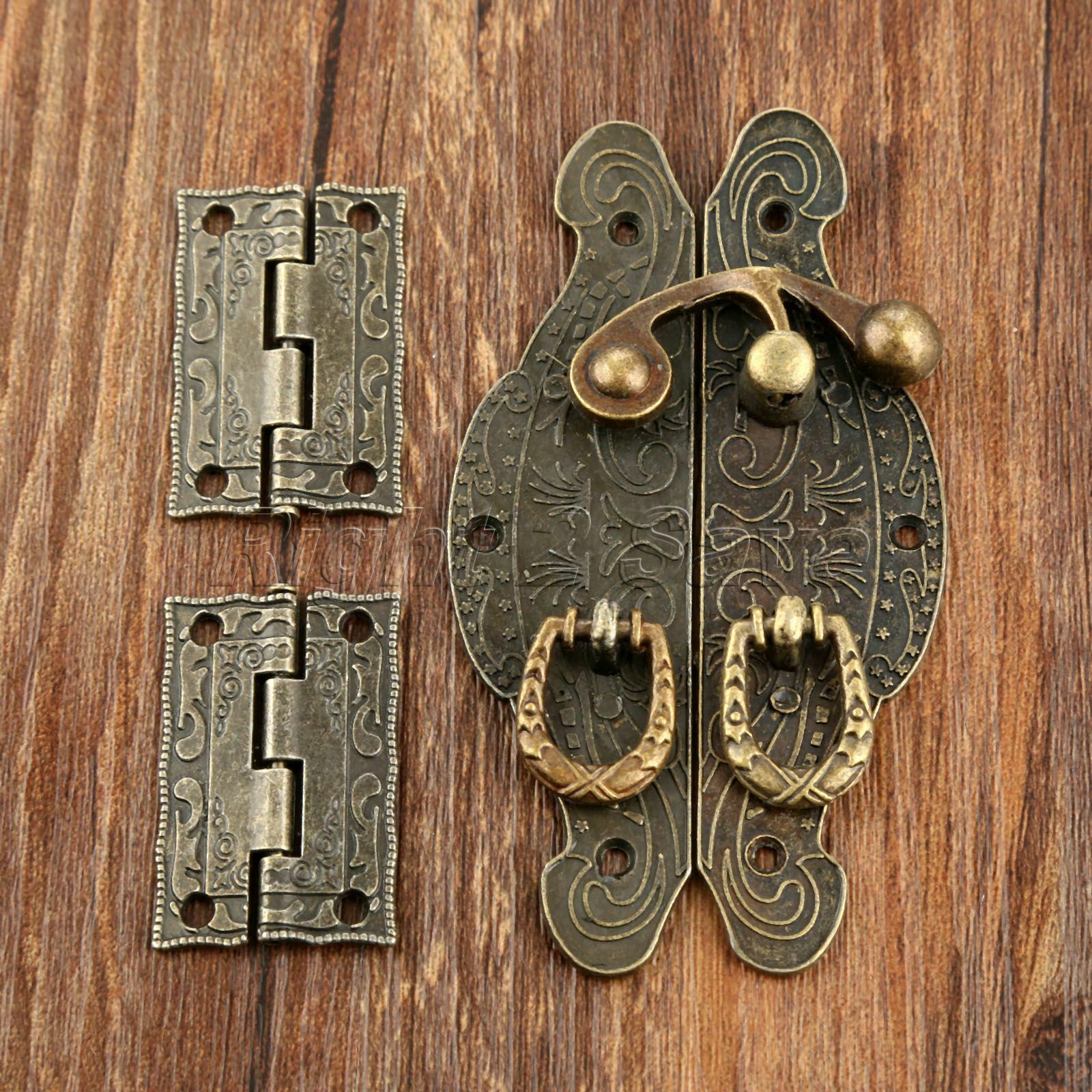 Carved Flower Jewelry Box Latch Hasp Buckle Toggle Catch Clasp Hook & 2x Hinges