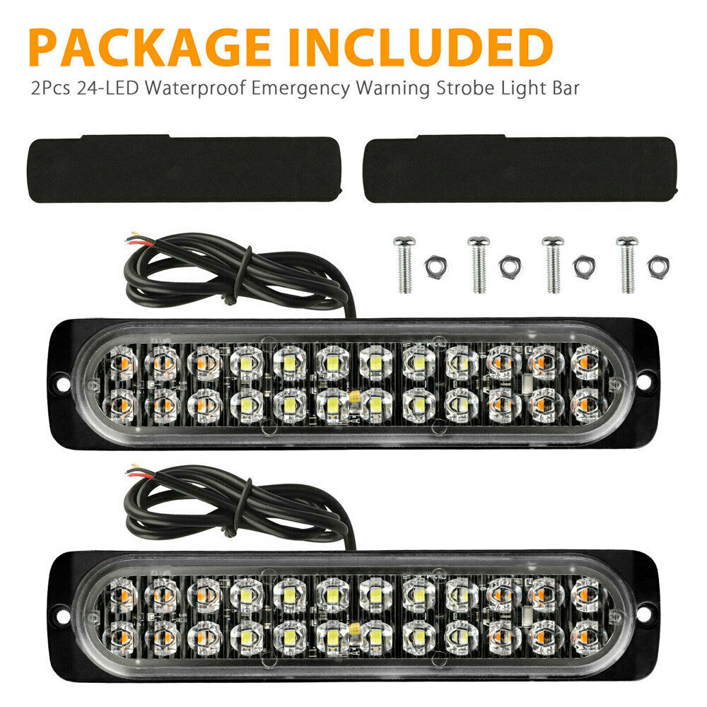 2x 24 LED Yellow/White Truck Emergency Beacon Warning Hazard Flash Strobe Lights