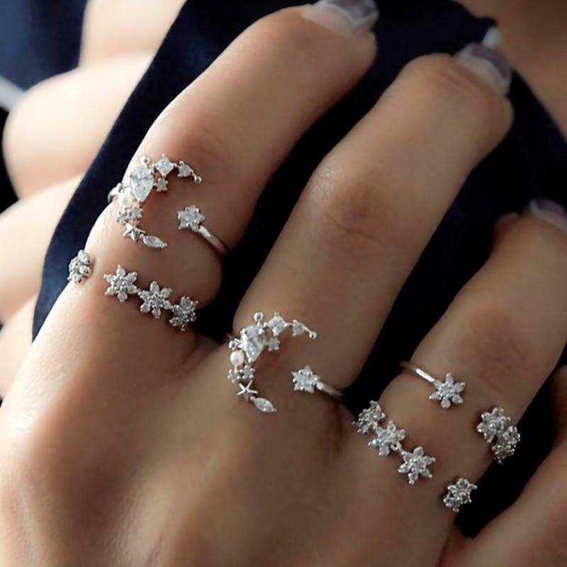 5PCS Shiny Crystal Moon Star Fully Inlaid Cubic Zircon Finger Knuckles Ring Set