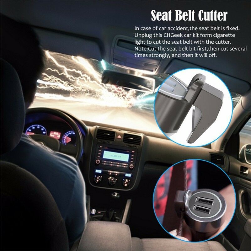 3in1 Multifunction LED Dual USB Auto Car Phone Charger Safety Hammer Belt Cutter