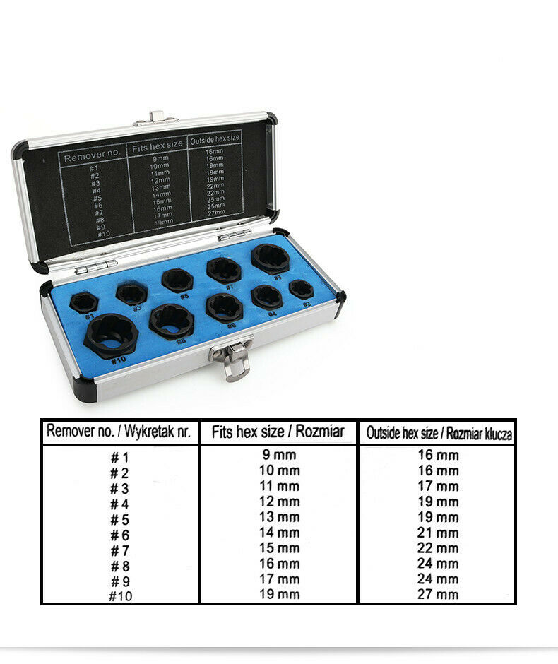10pcs a Set Damaged Nut Bolt Remover Stud Extractor Puller Kit (9-19mm) Black