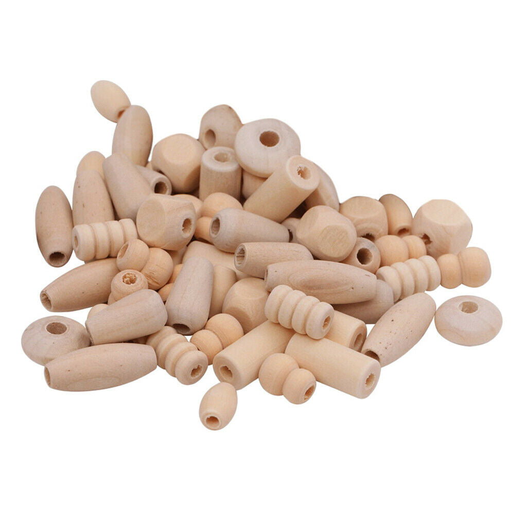 120pc Assorted Shapes Wooden Beads Plain Natural Wood Handmade Jewelry Craft