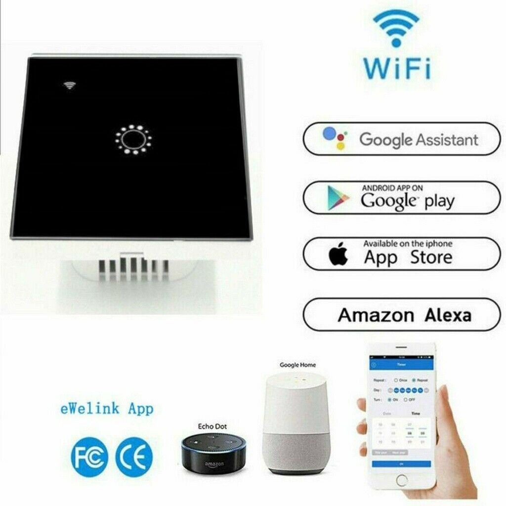Home 1 Gang WiFi Smart Wall Touch Light Switch Glass Panel For Alexa/Google APP