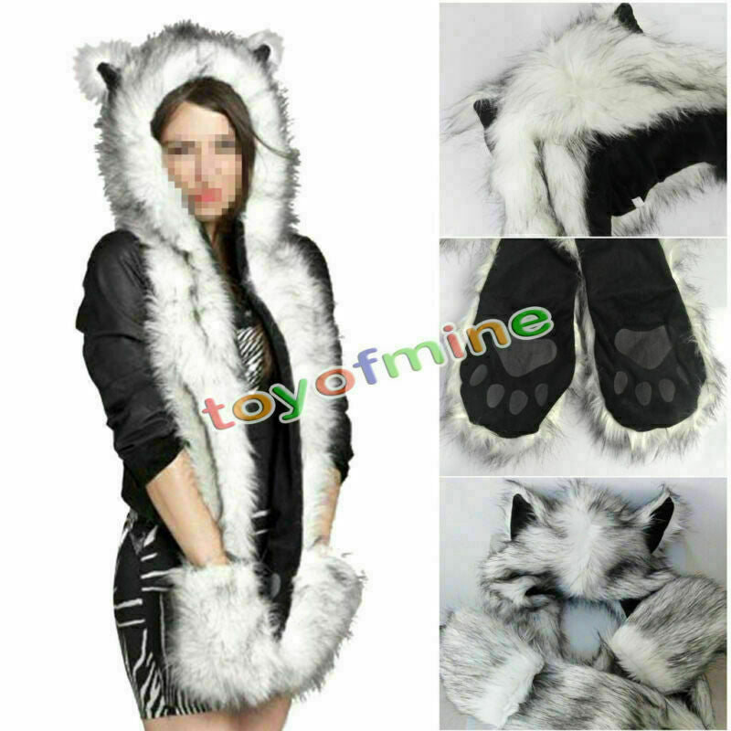 White Wolf Full Animal Hood Hoodie Hat Faux Fur 3 in 1 Function