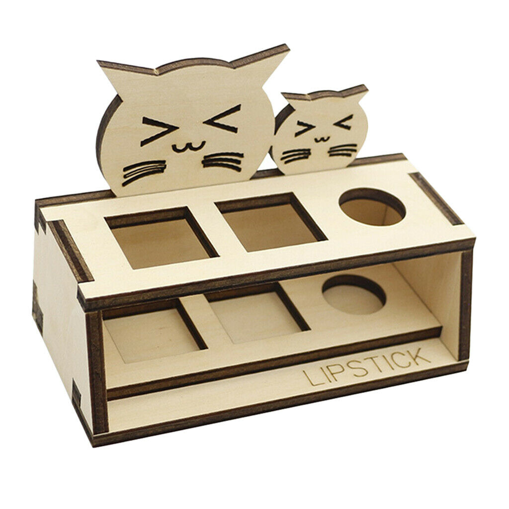 Wooden Lipstick Display Holder Stand Rack Lovely Cat Lip Gloss Cosmetic Box