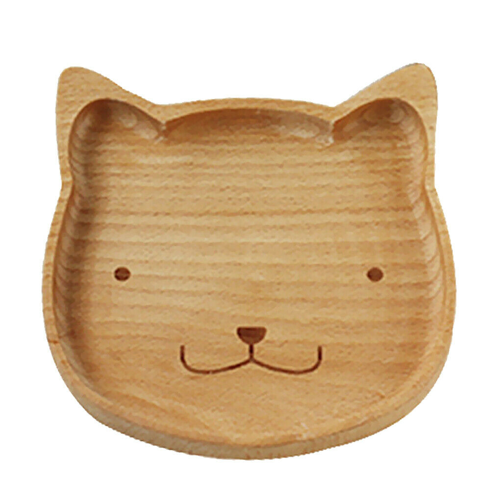 Natural Wooden Kids Plate Baby Feeding Set Includes Bear Cat Shape Animal Wood