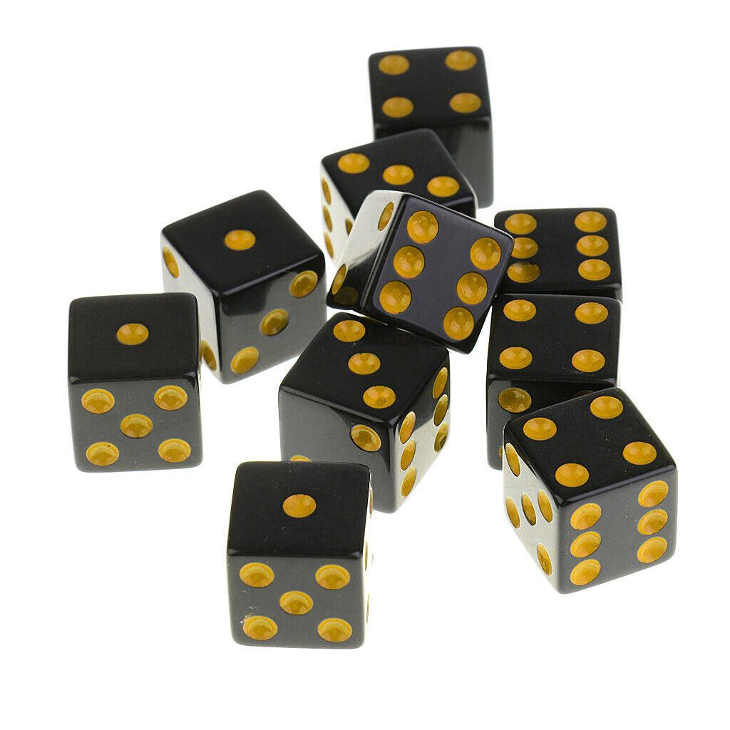 Set of 10 Six Sided Opaque D6 16mm Standard Dice Die Black with Yellow Pips