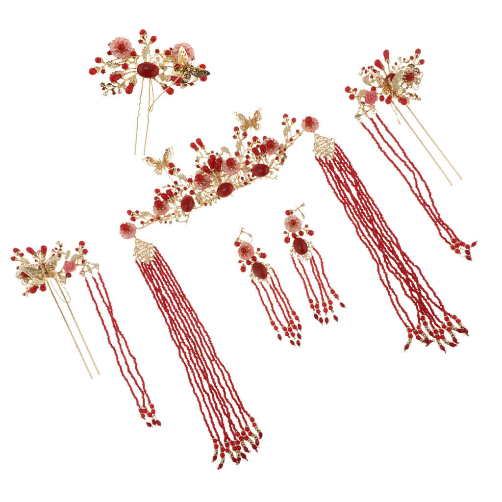 Chinese Ancient Red Crystal Hair Stick Tiara Crown Wedding Bride Headdress