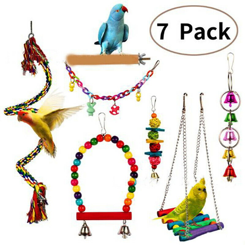 7Pcs Parrot Swing Bell Hanging Bird Cage Perch Toys Parakeet Cockatiel BudgiBDA