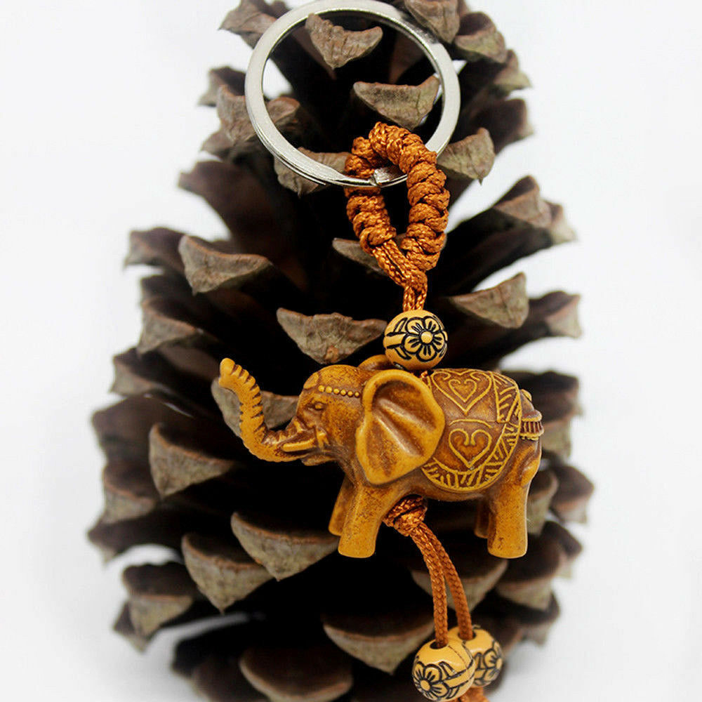 Handmade UNIQUE Lucky Elephant Carving Wooden Pendant Keychain Key Ring Gift