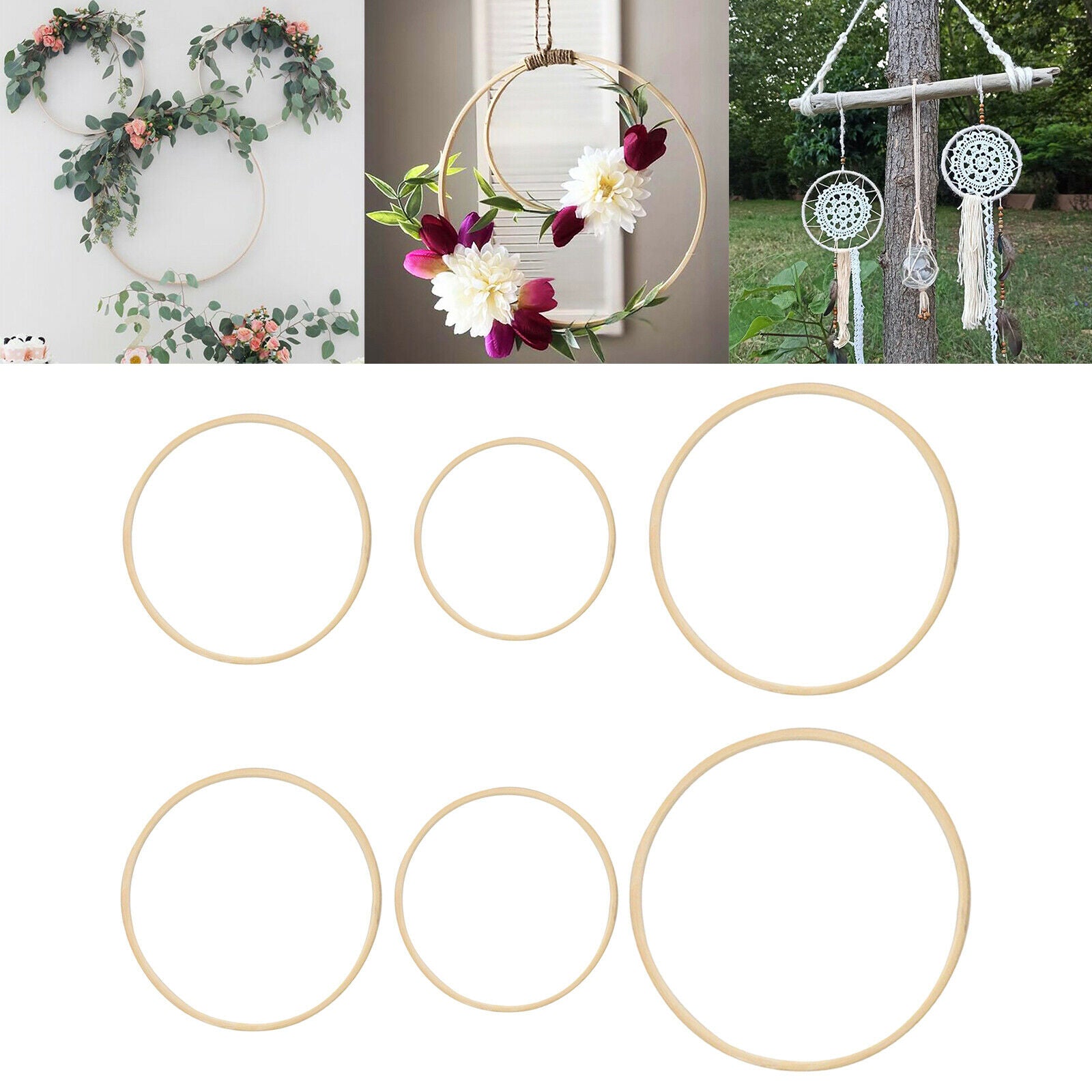 6Pcs Wooden Embroidery Hoops Bamboo Macrame Ring Frame for Dreamcatcher Wedding