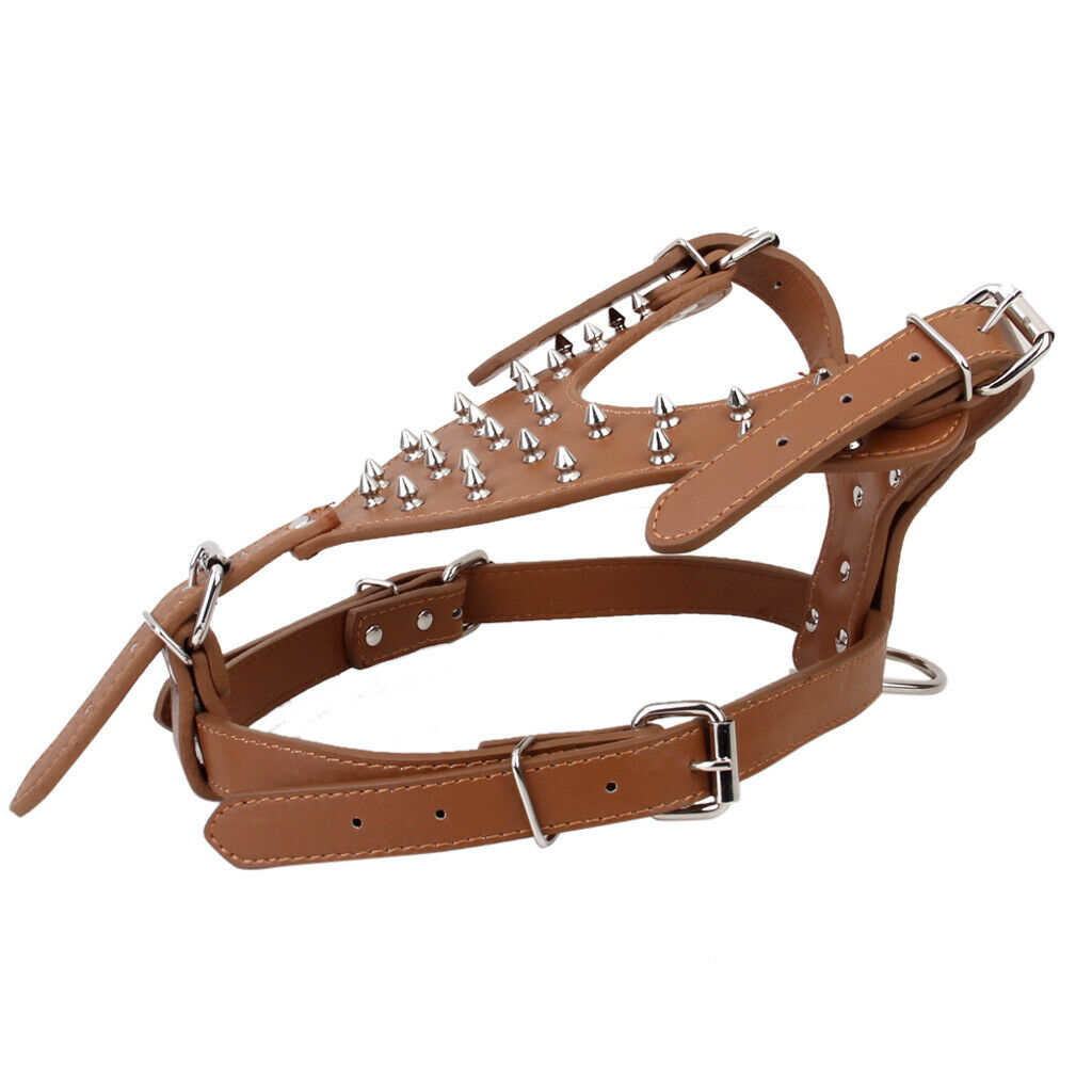 Studded Rivets PU Leather Pet DOG Walking Collar Harness Adjustable Brown