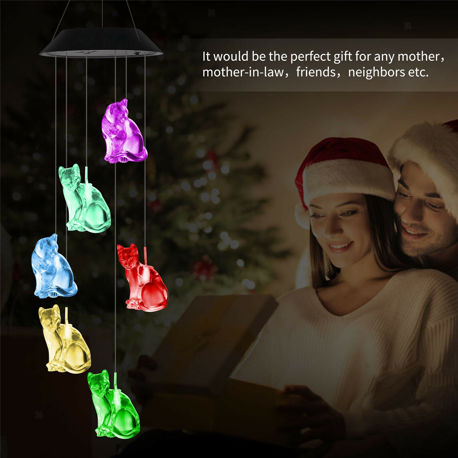 Hanging Romantic Creative Cat Solar Wind Chime LED Lamp Garden Yard Ornament