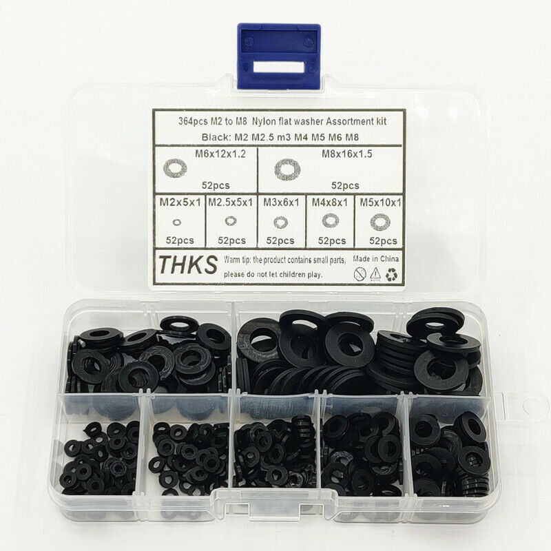 364Pcs M2 M2.5 M3 M4 M5 M6 M8 Nylon Black Rubber Flat Ring Washer Washer