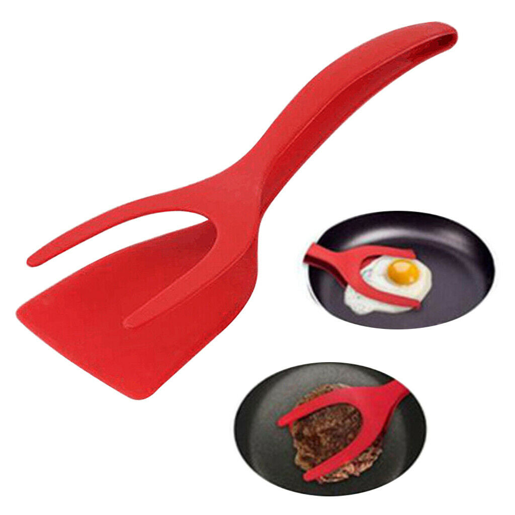 Grip Flip Egg Spatula Tongs Non-stick Fried Egg Tuner for French Toast Red