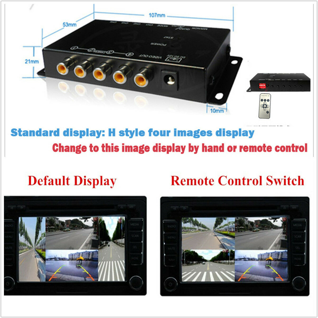 4-Way Car Video Switch Parking Camera 4 View Image Split-Screen Control Box