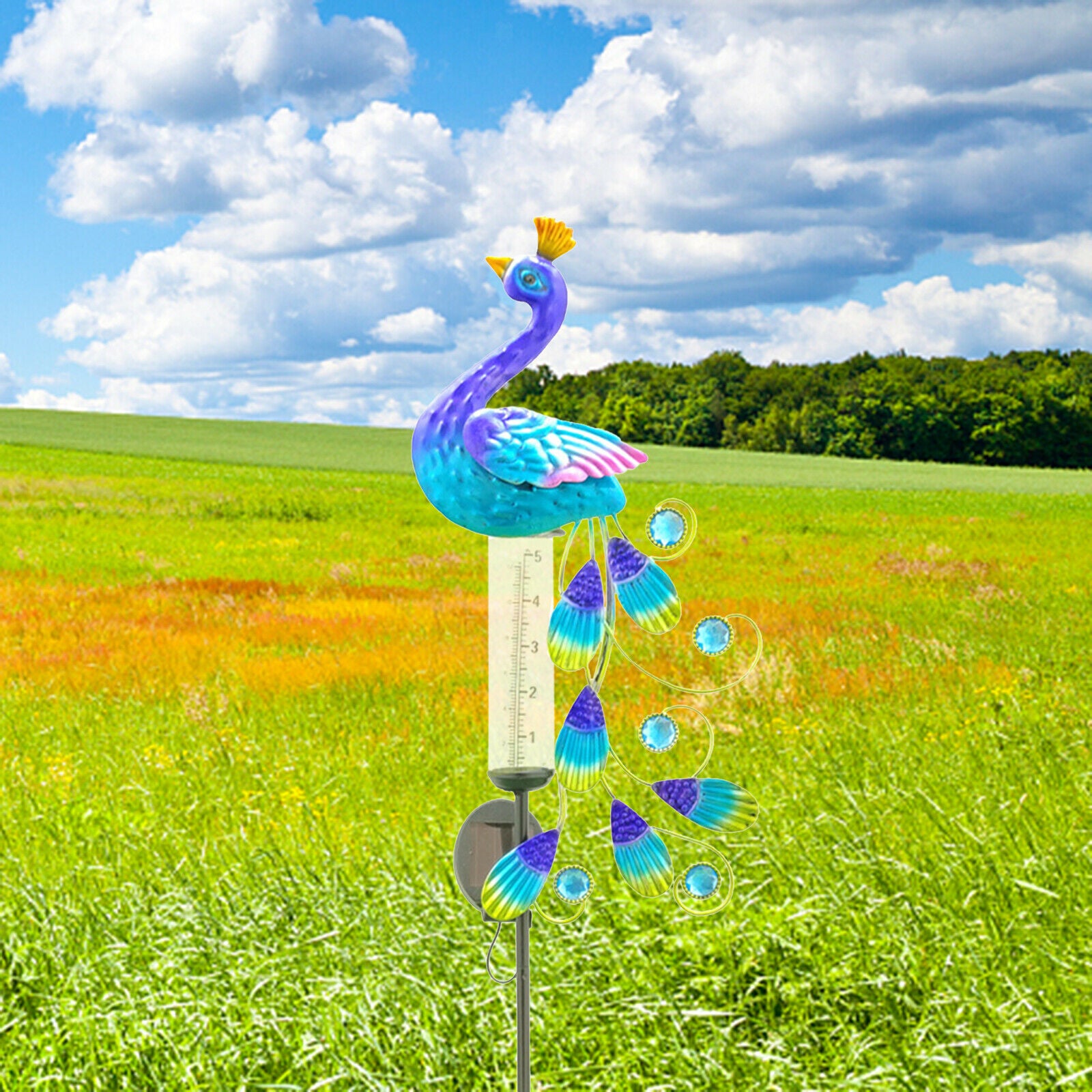 Creative Peacock Rain Gauge Outdoor Solar LED Light Metal Stake Garden Decor