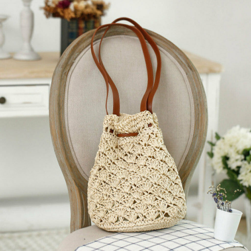 Ladies Handbag Drawstring Tote Straw Woven Purse Beach Shoulder Bag Beige