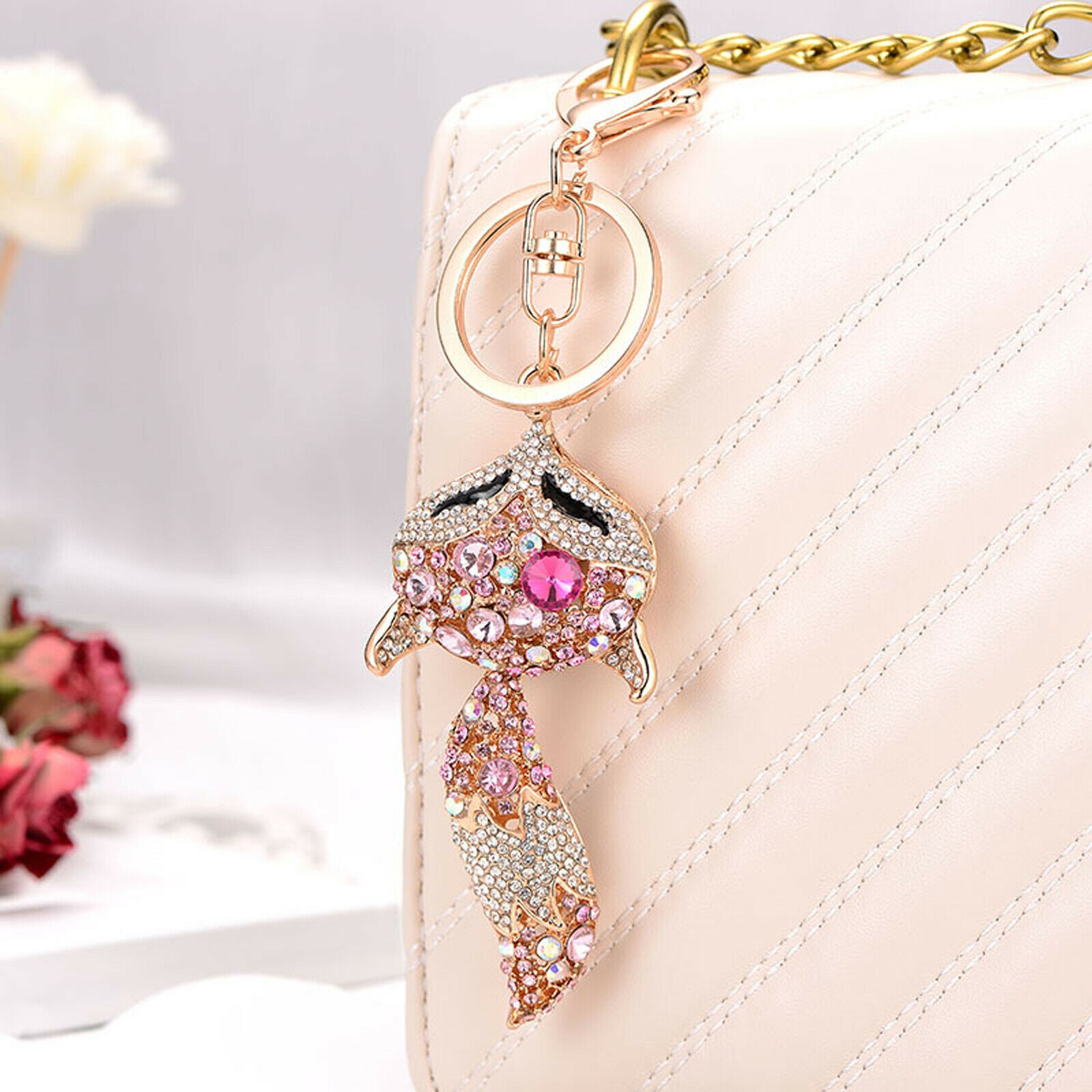 2pcs Fox Keychain Bag Handbag Tail Tag Key Ring Rhinestone Bag Hanging Pendant