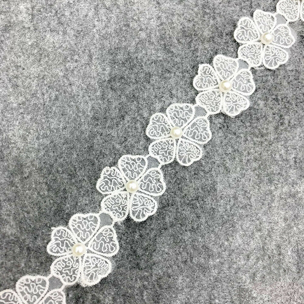 3Y Embroidered Lace Trim Organza Beaded Ribbon Wedding Dress Sewing Fringe DIY