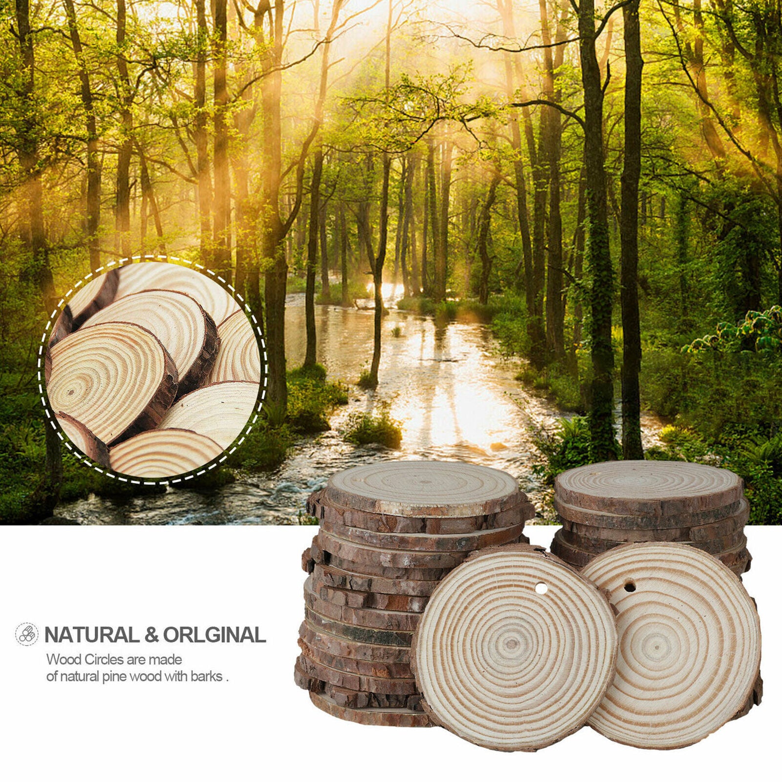 30x Natural Wood Slices Round Disc Tree Bark Log Wooden Circles for DIY Craft