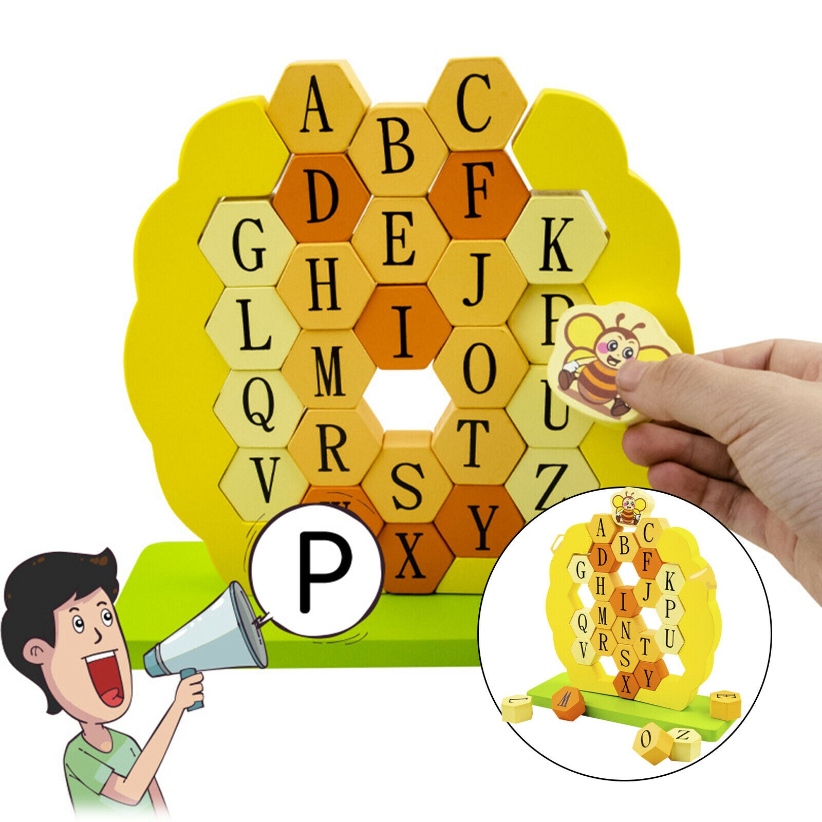 Wooden Honeycomb ABC Alphabet Puzzle Stacking Game Preschool Toys Gift