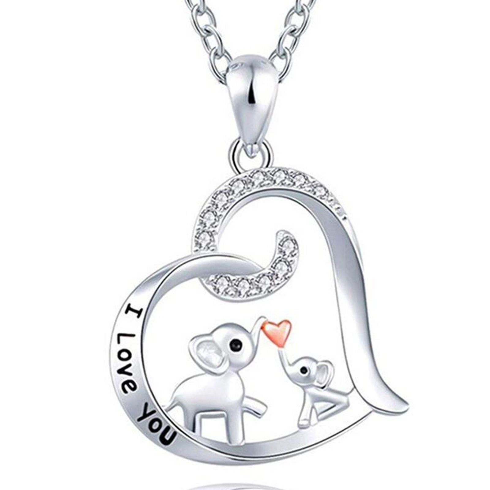 Women Pendant Rhinestone Heart-Shaped I Love You Baby Elephant Kiss Necklace