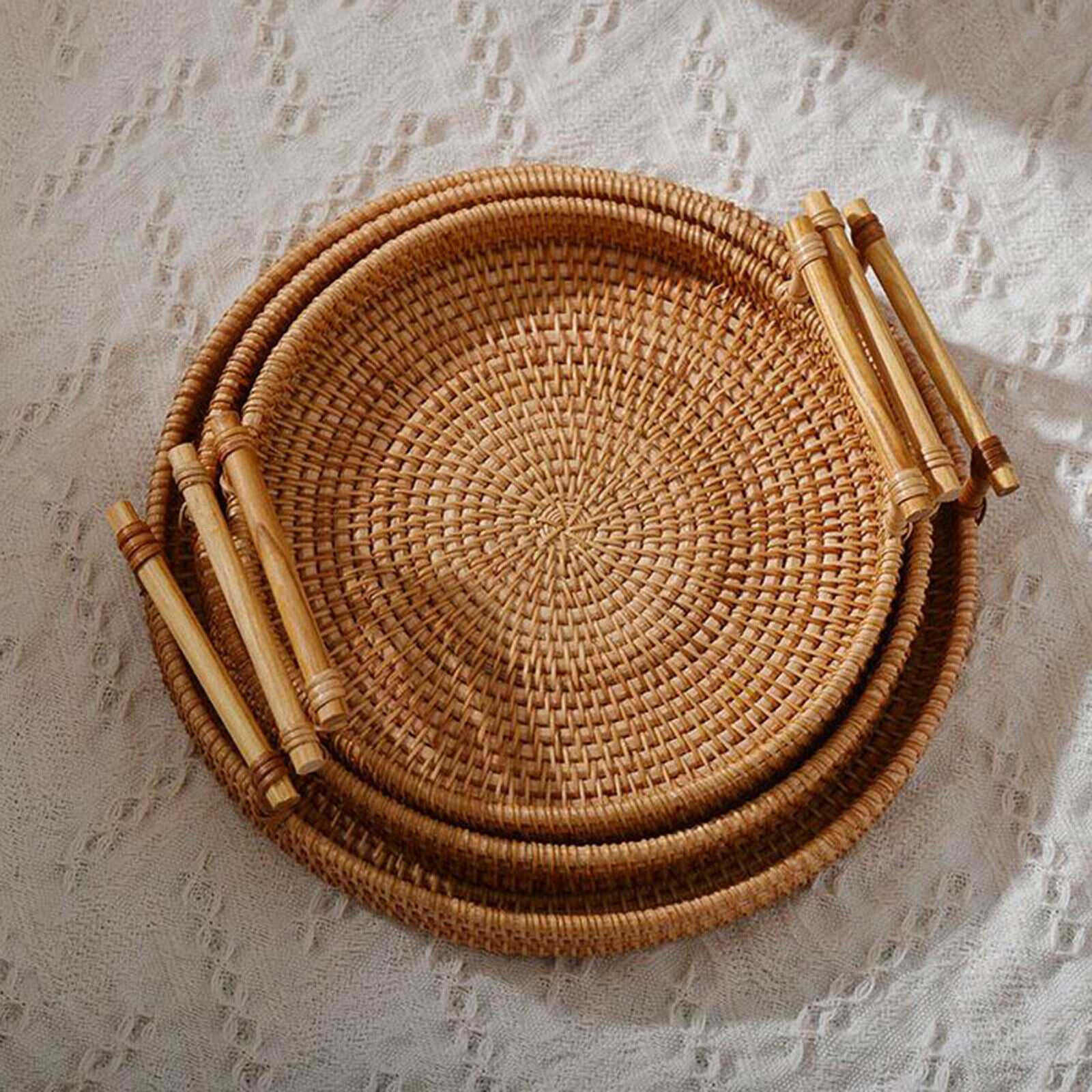 Handwoven Bread Basket Wicker Storage Tray Tea Drinks Snack Home Decor 24x3cm