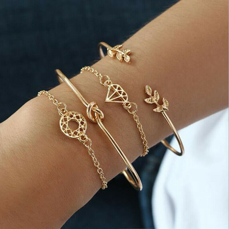 4Pcs/Set Fashion Bohemia Leaf Link Chain Charm Bracelet Women  Bracelets .l8