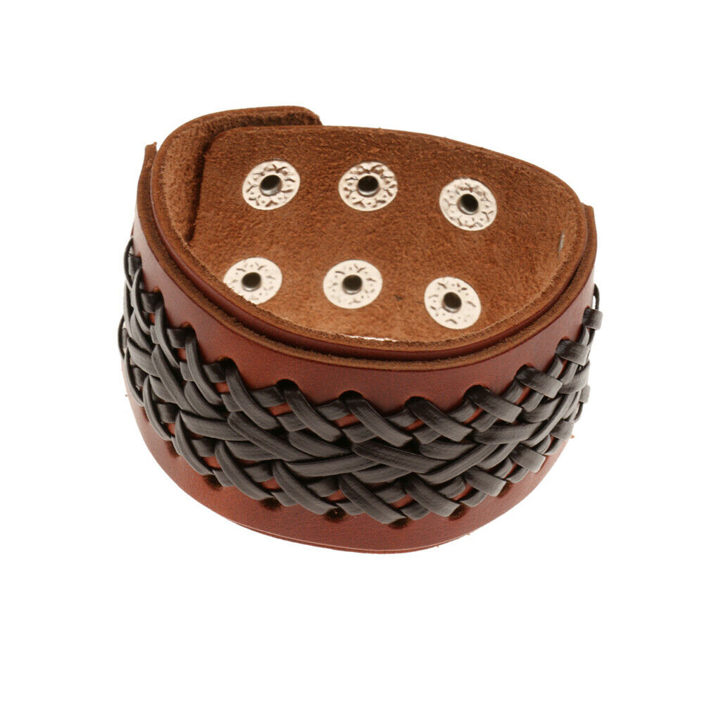 Brown Punk Braided Mens Wide Leather Wristband Snap Buttons Bangle Bracelet