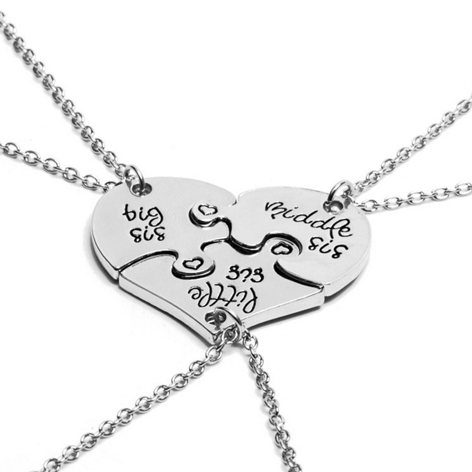 3pcs/Set Heart Puzzle Shape Little Sis Middle Sis Big Sister Pendant Necklace