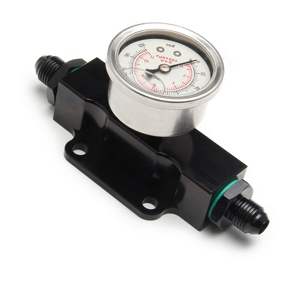 Universal Inline 6 AN AN6 Fuel Filter w/ 1 / 8 NPT Pressure Gauge Black Billet