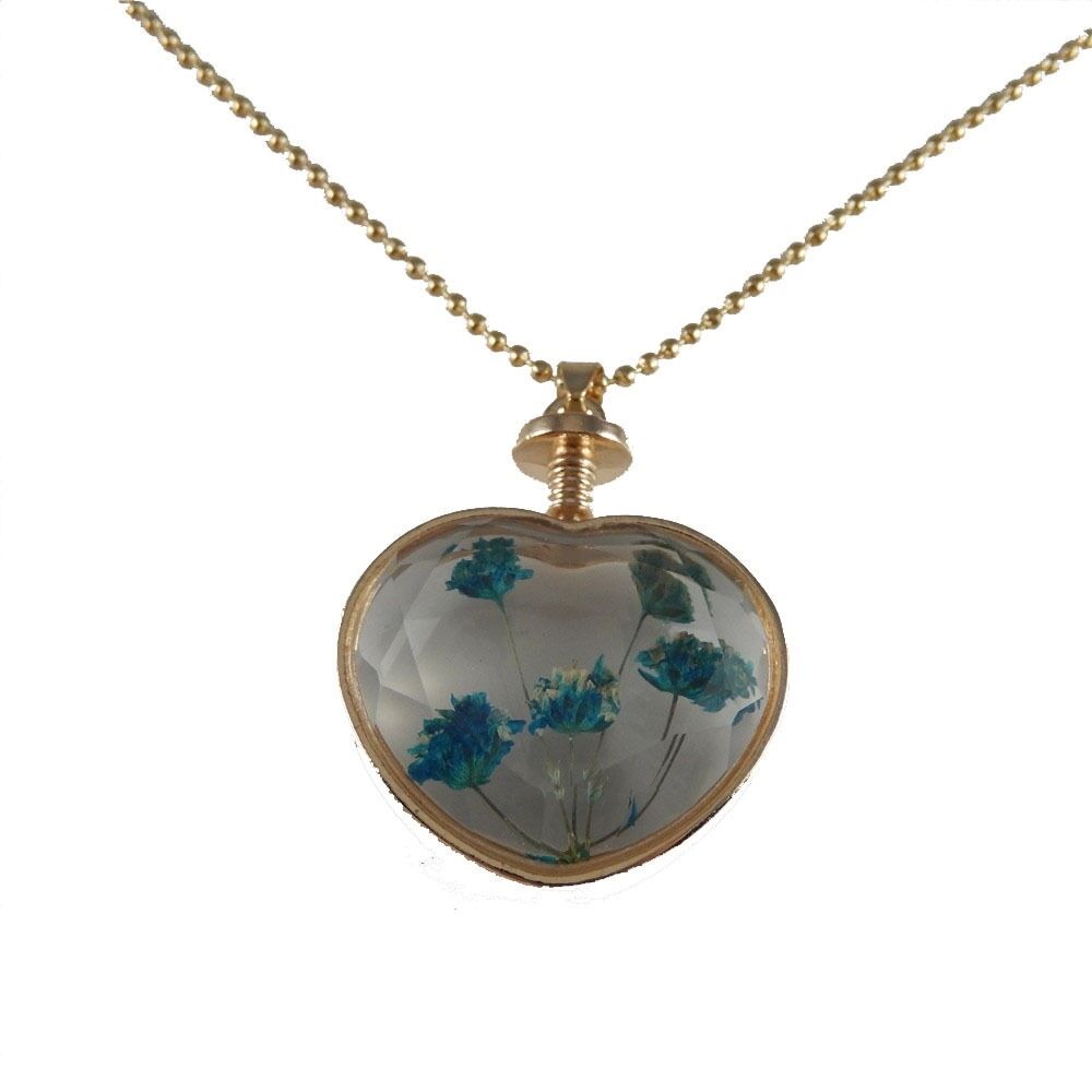 1-pack Clear Glass Heart Floating Dried Flowers Necklace Pendant Jewelry 24 inch