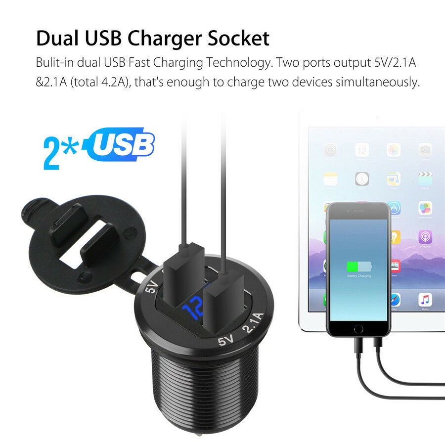 Dust-proof Dual USB Port 4.2A Car Charger+Multi-functional Blue LED Display Volt