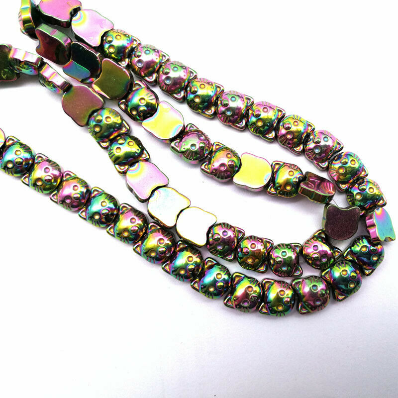 1Strand 8x8x4mm Carved Rainbow Hematite Gem Cat Head Loose Bead 15.5 inch A-54TS