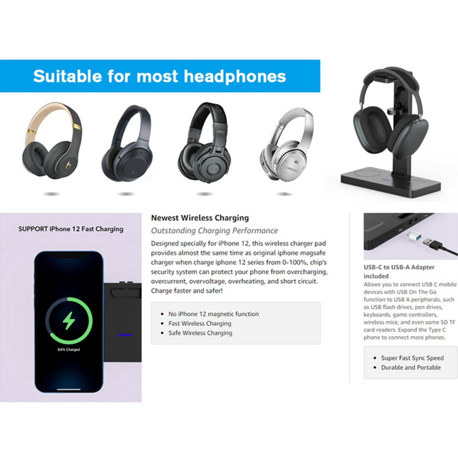 Detachable 4 in 1 Magnetic Wireless Charger with Headphone Stand