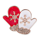 Chic Novel Red&White Enamel Christmas Snowflake Rhinestone Gloves Brooch Pin