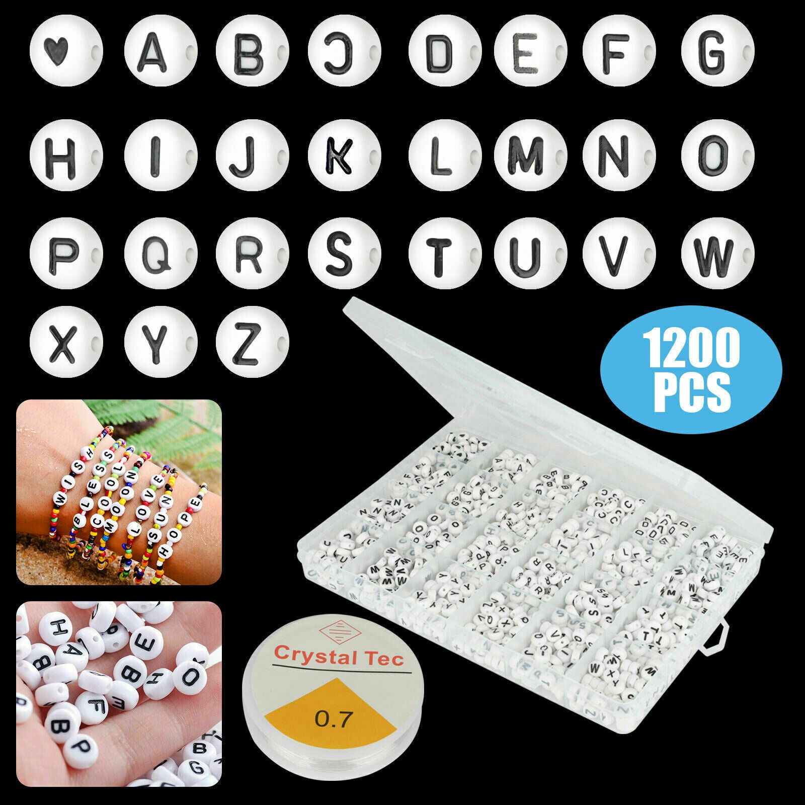 DIY 1200PCS White Letter 7mm/0.28in Disc Shape Alphabet Beads Multi A-Z Craft