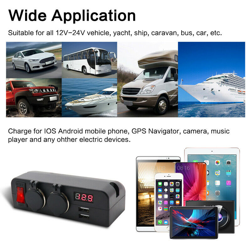LED 12/24V Car Truck Fast Charger Socket Dual USB Port Voltmeter w/Rocker Switch