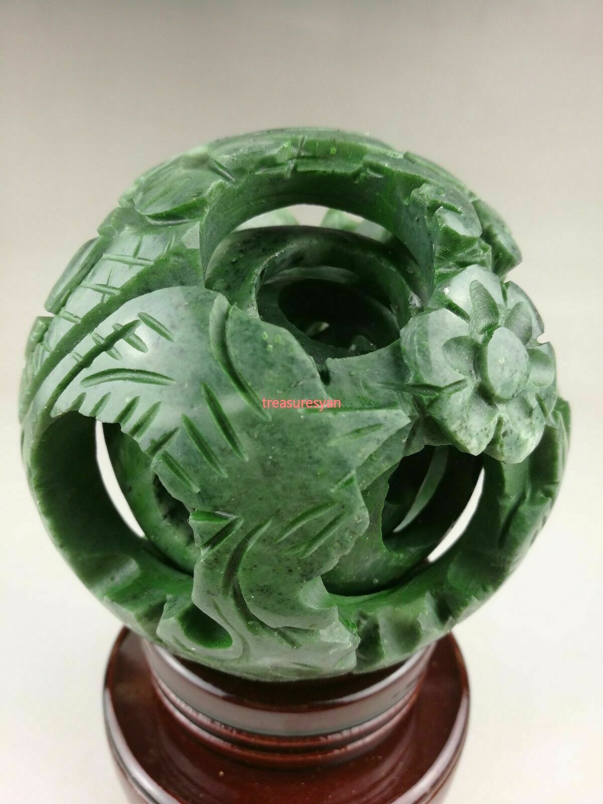 Chinese old green jade carved fengshui dragon ball magic with wood base