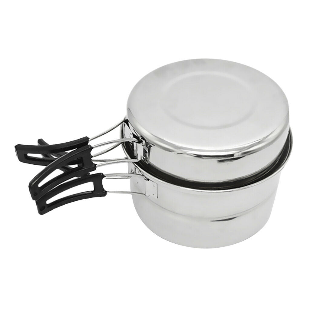 Stainless Steel Camping Cookware Set Soup Pot Pan & Steaming Rack Outdoors